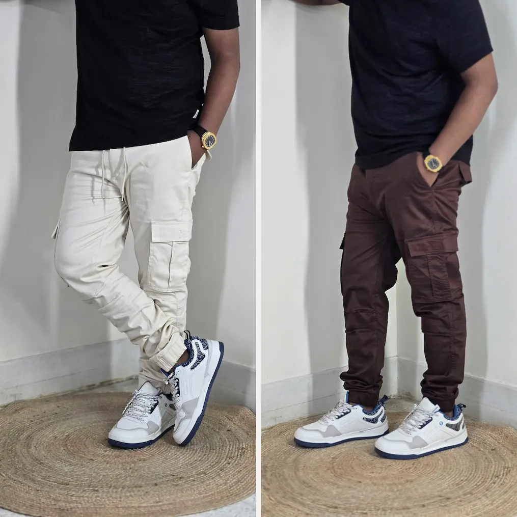 Premium Stretch Cotton Cargo Joggers(White&Chocolate) Combo– Comfort Fit | Casual & Streetwear Style 138