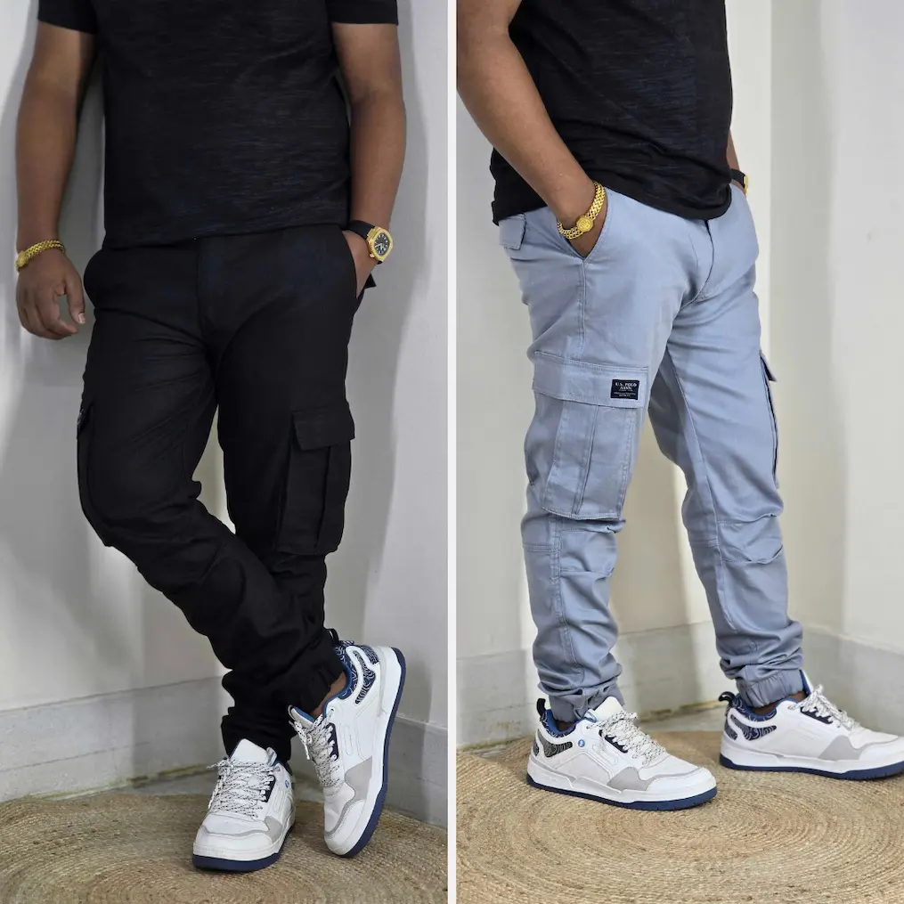 Premium Stretch Cotton Cargo Joggers(Black&Sky) Combo– Comfort Fit | Casual & Streetwear Style 142