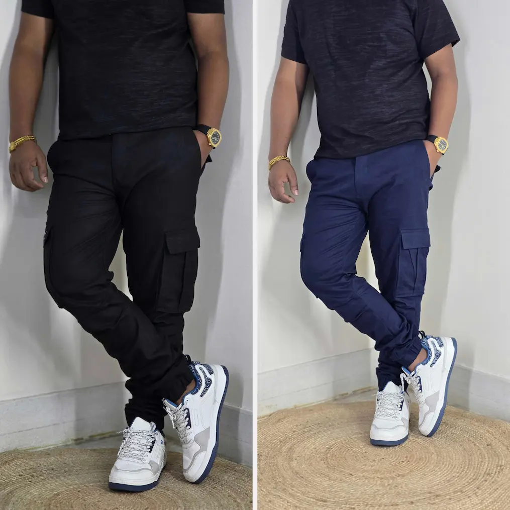 Premium Stretch Cotton Cargo Joggers(Black&LightNavy) Combo– Comfort Fit | Casual & Streetwear Style 143