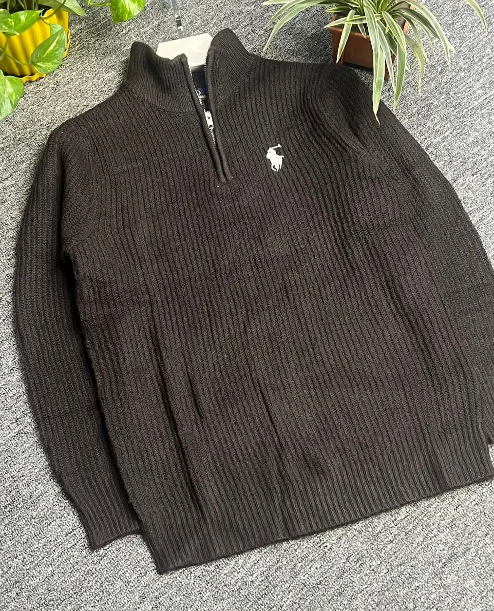 Men’s Premium Ribbed Half-Zip Knit Sweater – Dark Brown 158