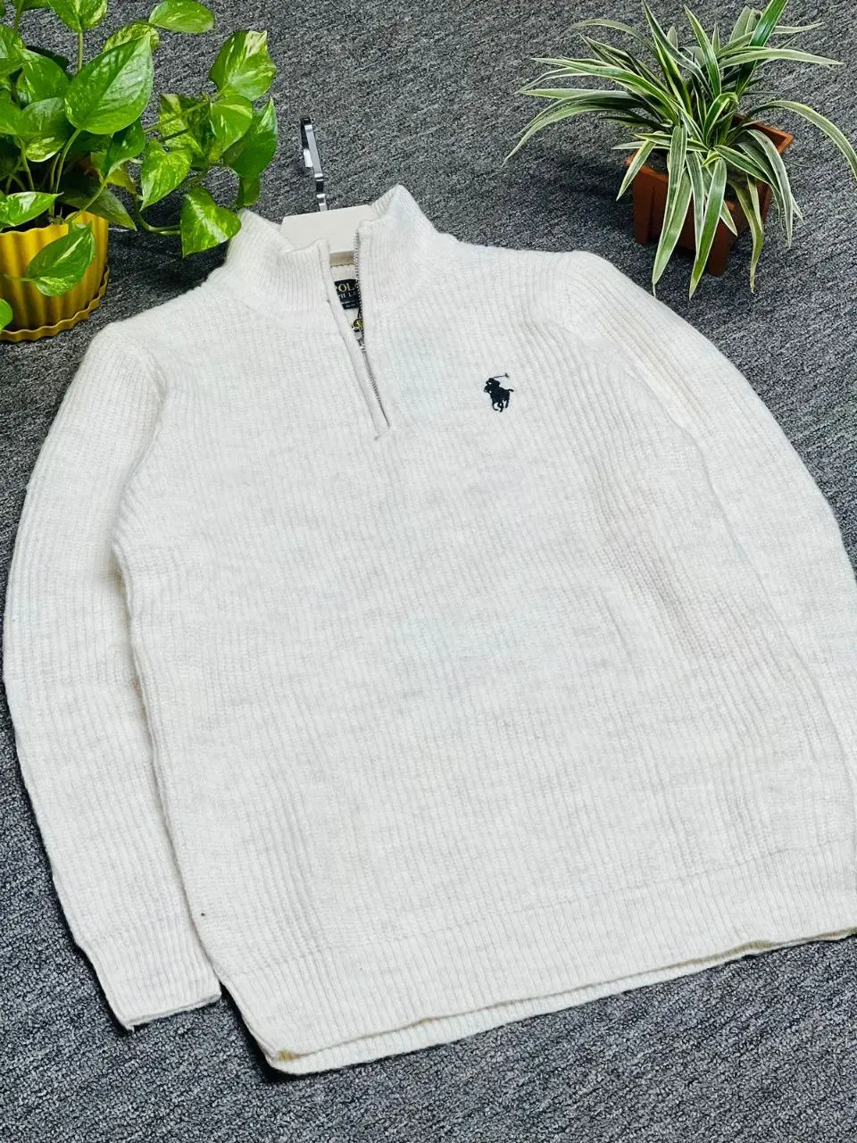 Men’s Premium Ribbed Half-Zip Knit Sweater – Off  White 160
