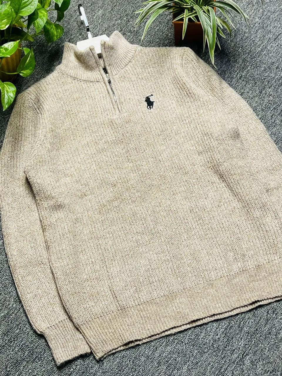 Men’s Premium Ribbed Half-Zip Knit Sweater – Beige 155