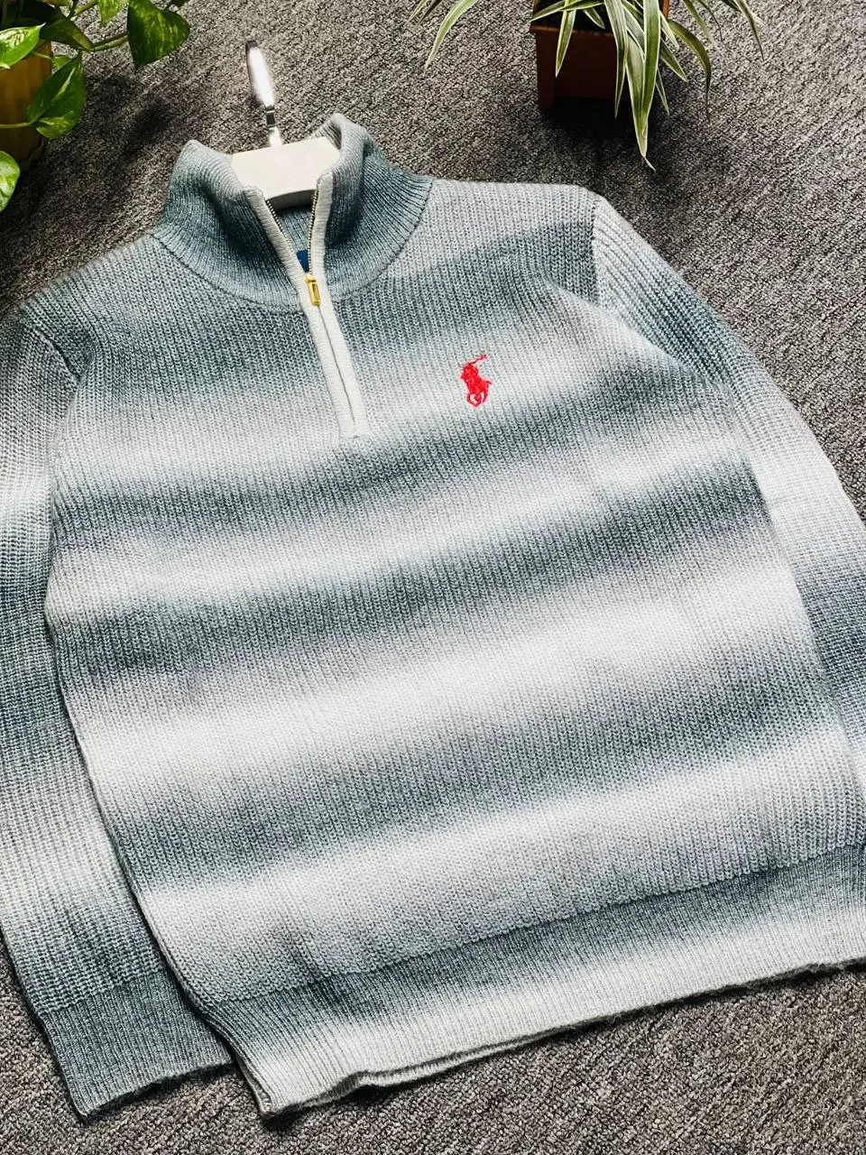 Men’s Premium Ribbed Half-Zip Knit Sweater – Grey&White 161