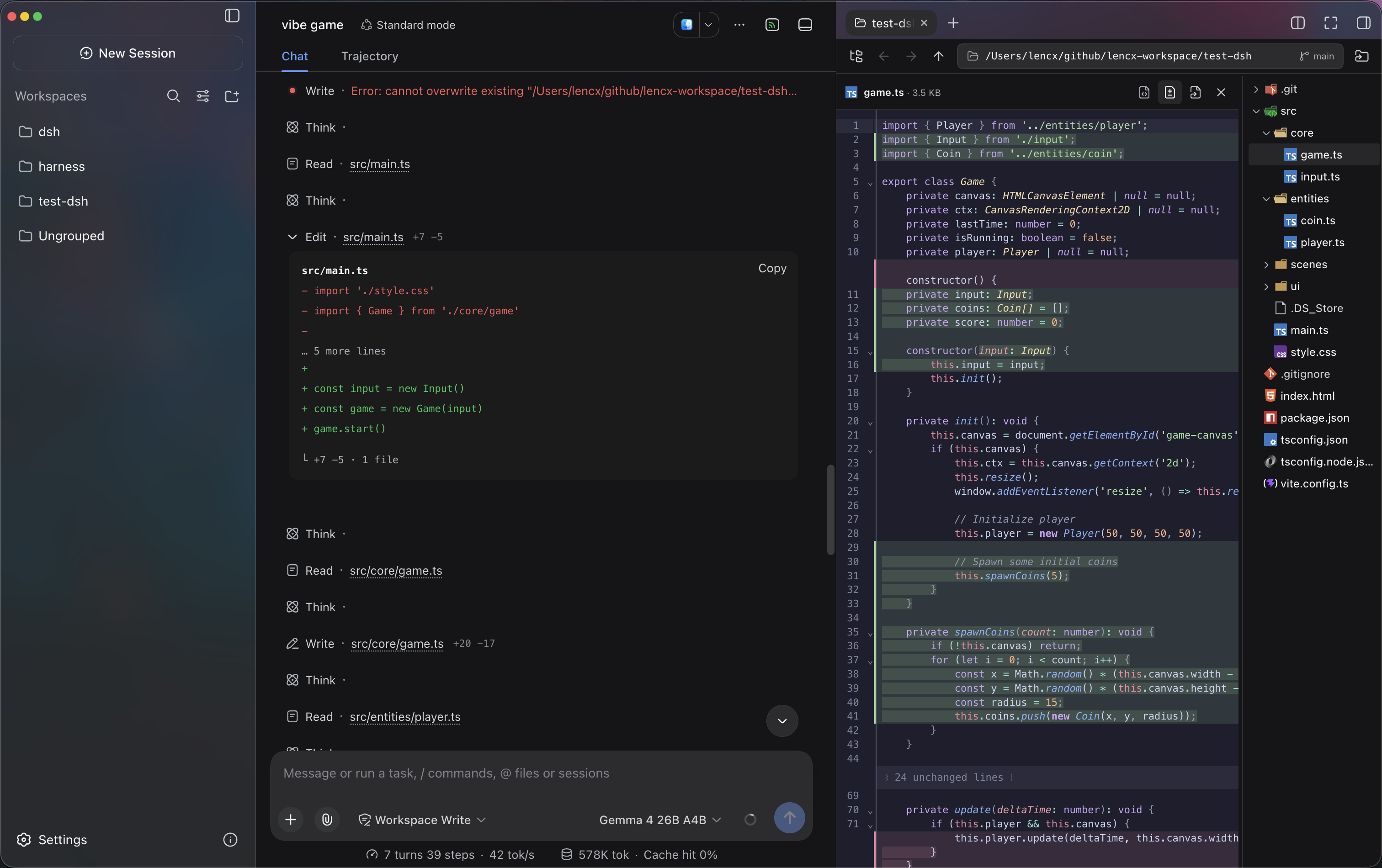 Minke code workspace with Files diff and Terminal