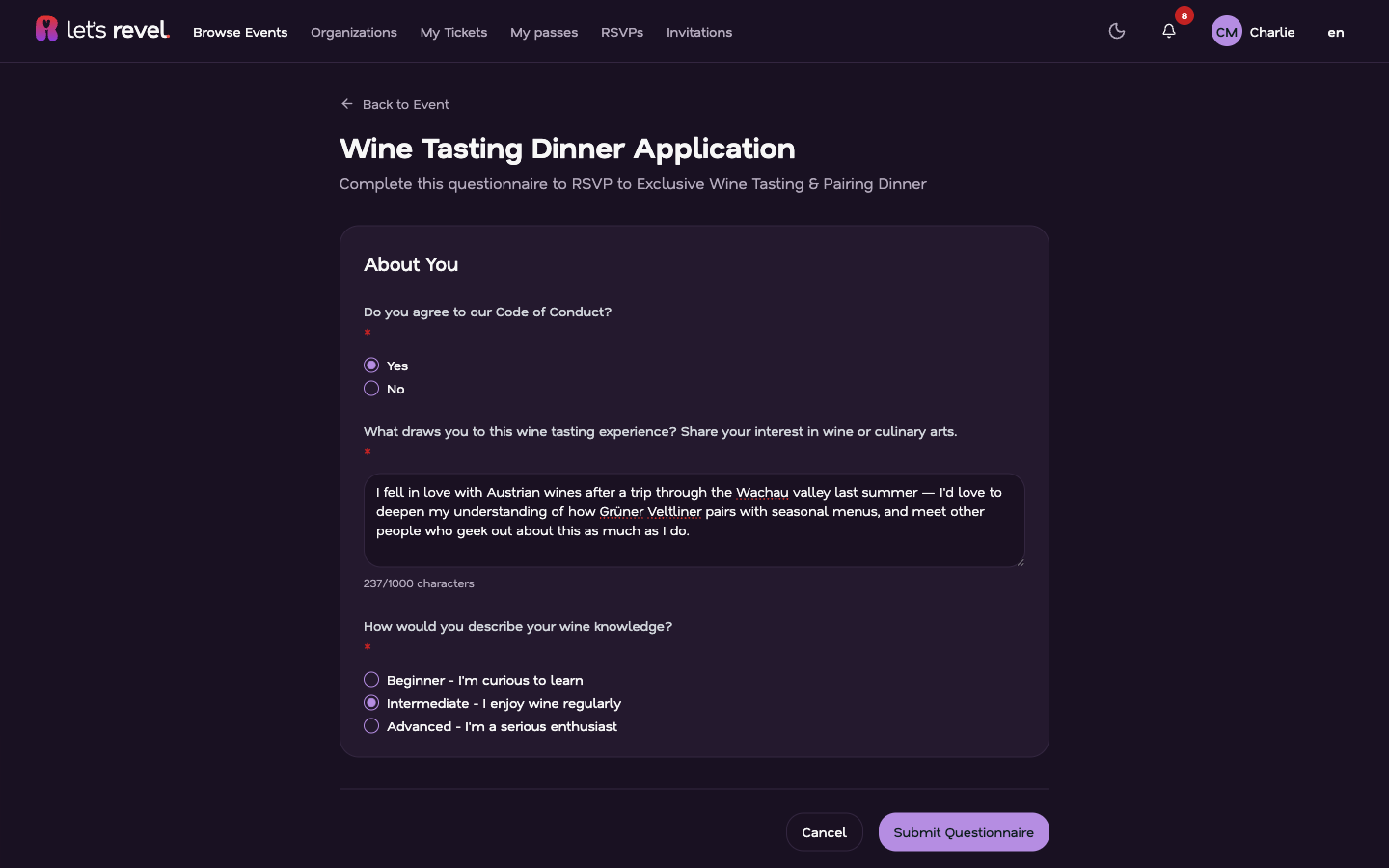Attendee Screening Questionnaire