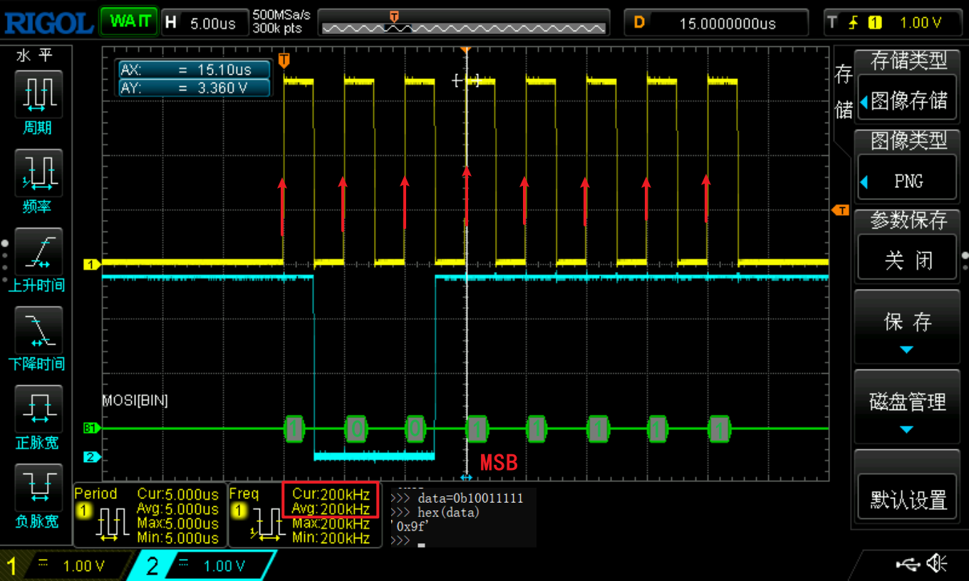 示波器显示MOSI发送0X9F