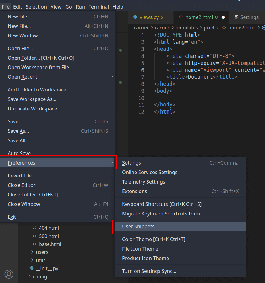 VSCode settings for HTML snippets