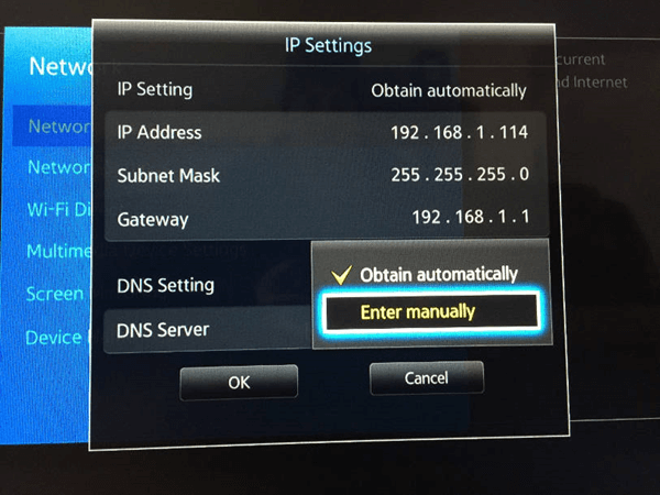 Samsung tv dns settings with enter manually selected