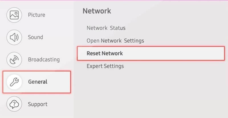 samsung tv reset network