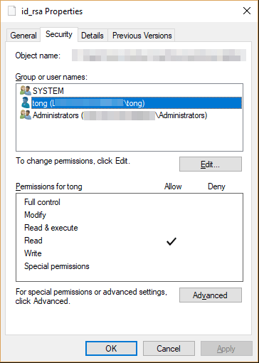 Permission for .ssh folder on Windows