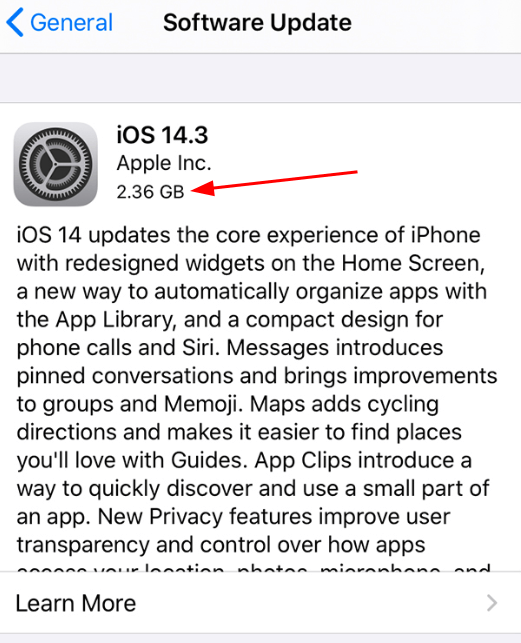 find how much storage space you need for the update