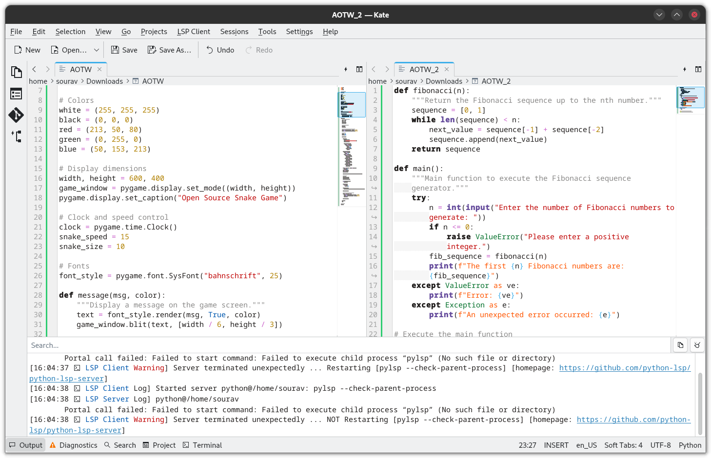 带有 Python 代码和输出面板的 kate 屏幕截图