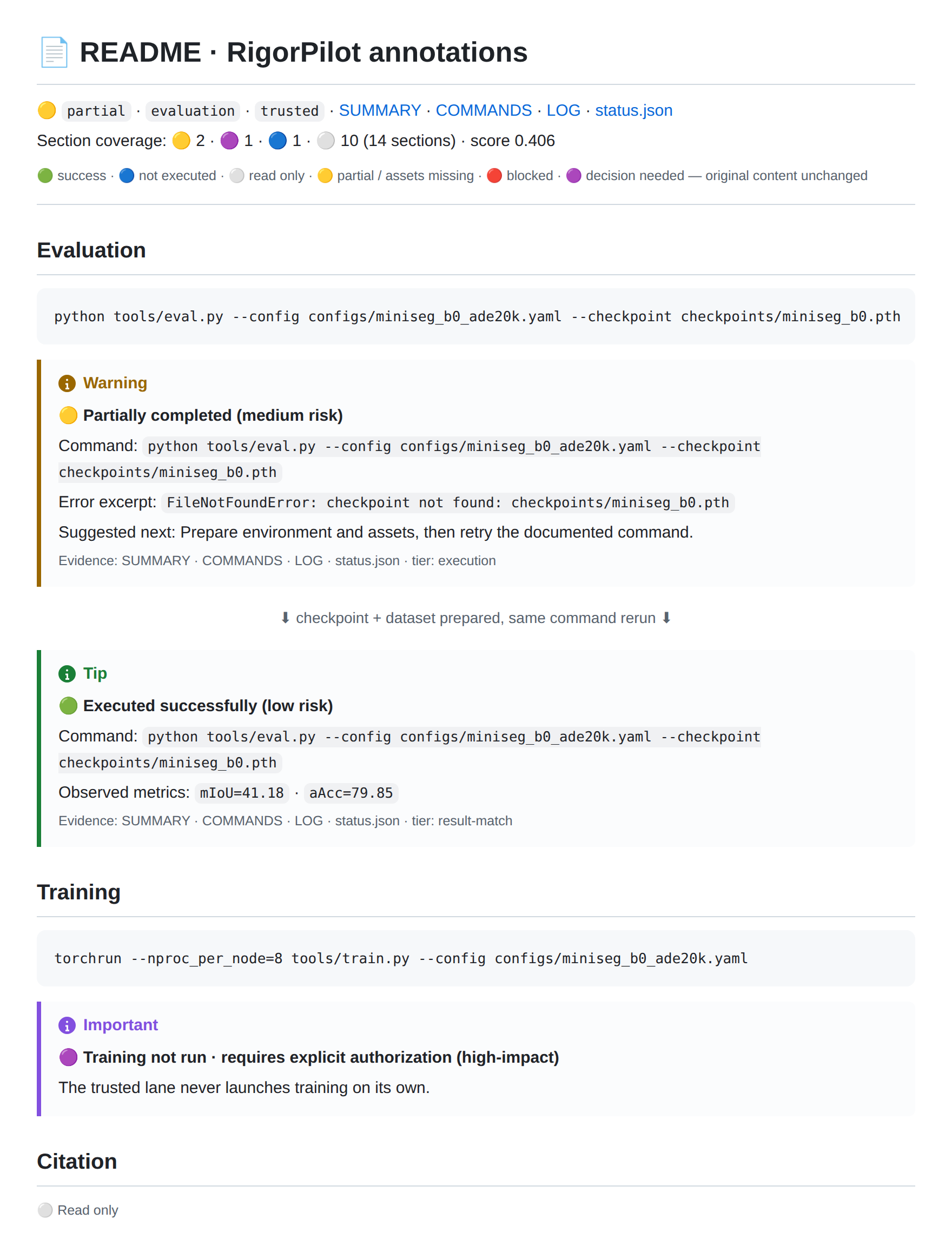 Annotated README preview: yellow partial verdict with real error excerpt, green success verdict with observed mIoU/aAcc, purple training-authorization verdict