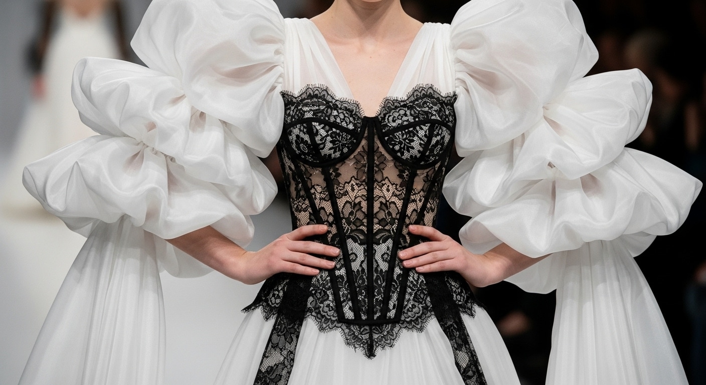 Платье с черным кружевным корсетом и огромными белыми рукавами из органзы