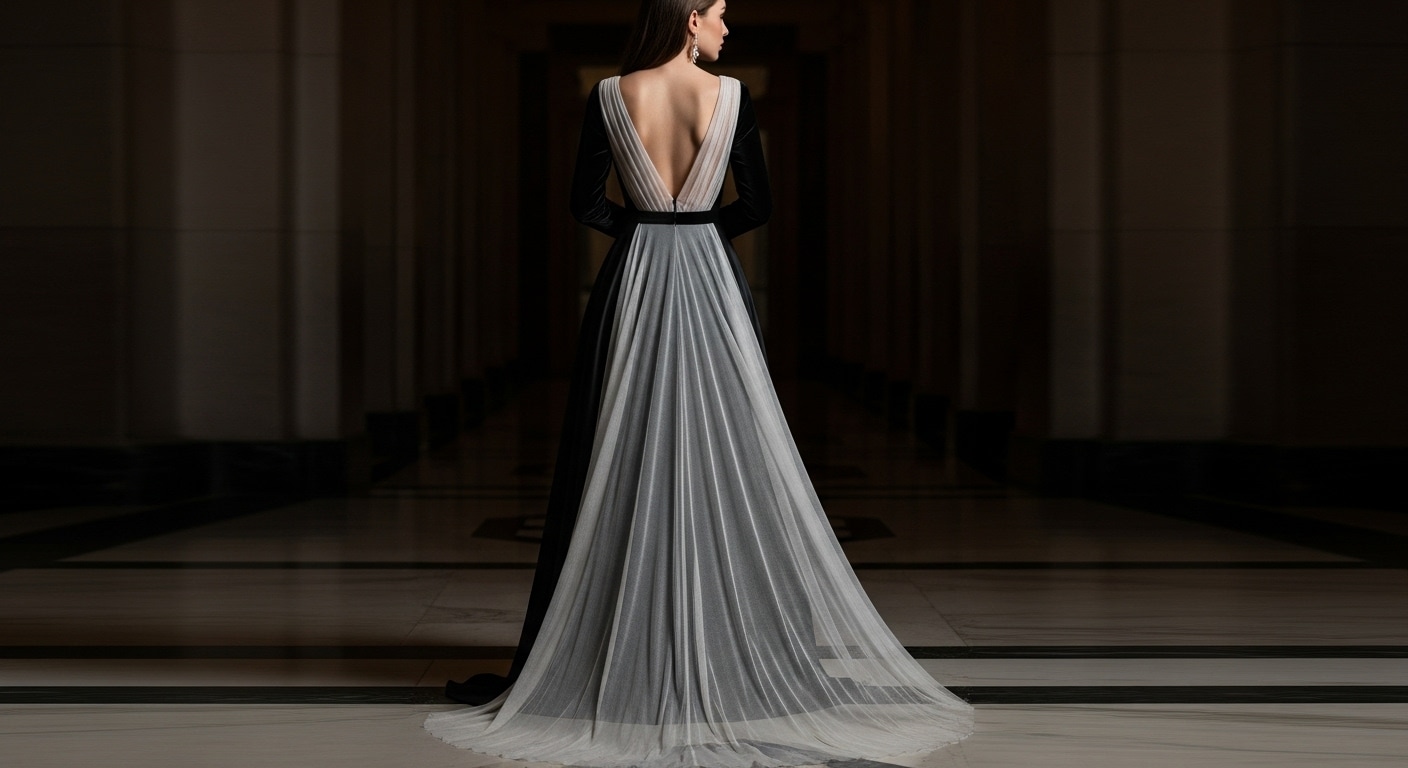 Задний вид платья с глубоким прозрачным шлейфом из сетки