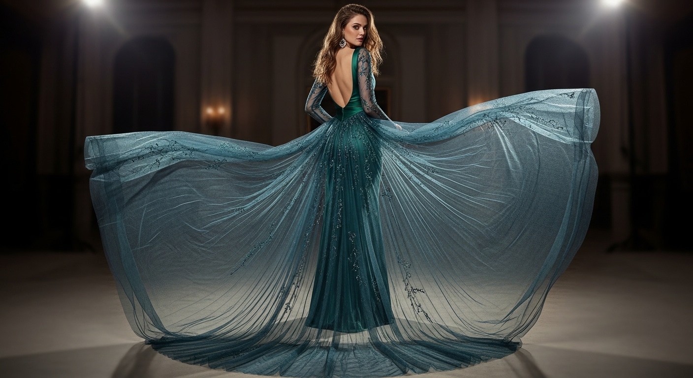 Задний вид платья с прозрачным шлейфом