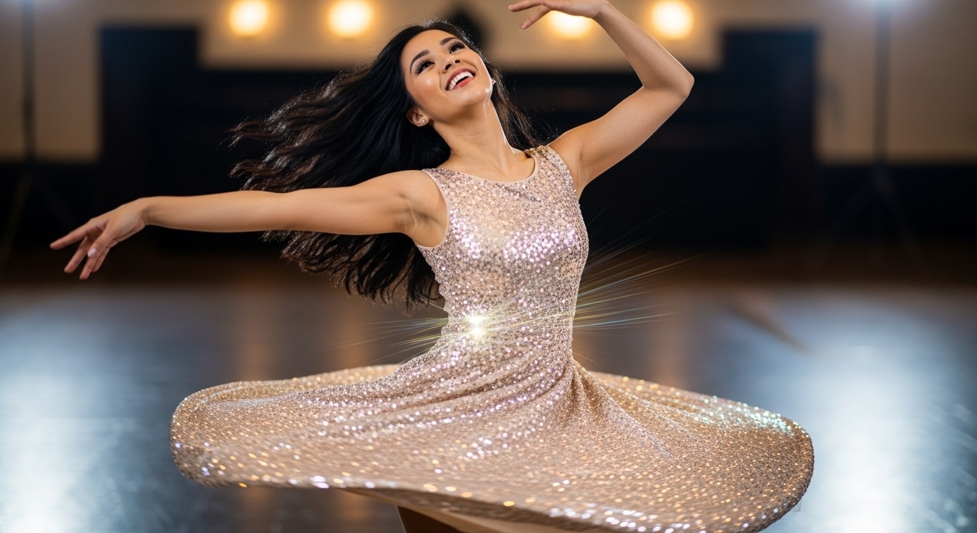 Картинка: Девушка в пайеточном платье цвета шампанского, кружащаяся в танце