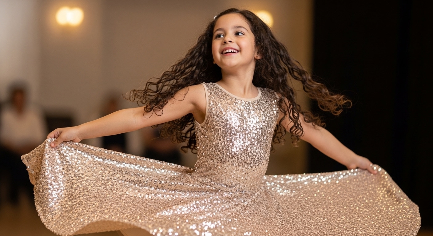 Девушка в пайеточном платье цвета шампанского, кружащаяся в танце