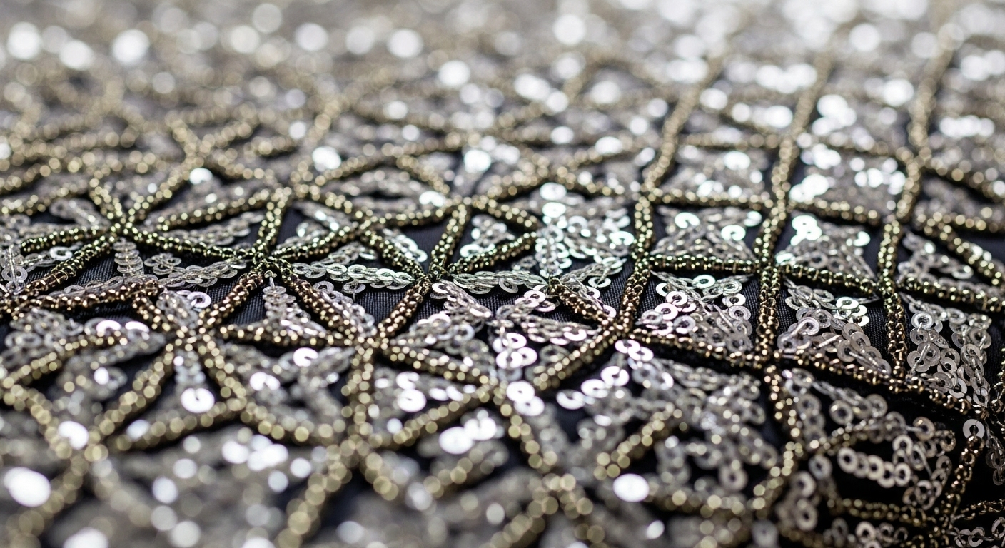 Картинка: Крупный план фактуры платья, где пайетки образуют мозаичный рисунок
