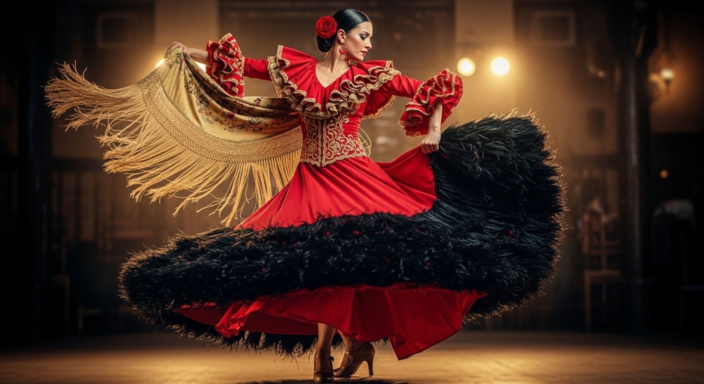 Платье с пышным перьевым подолом в стиле фламенко