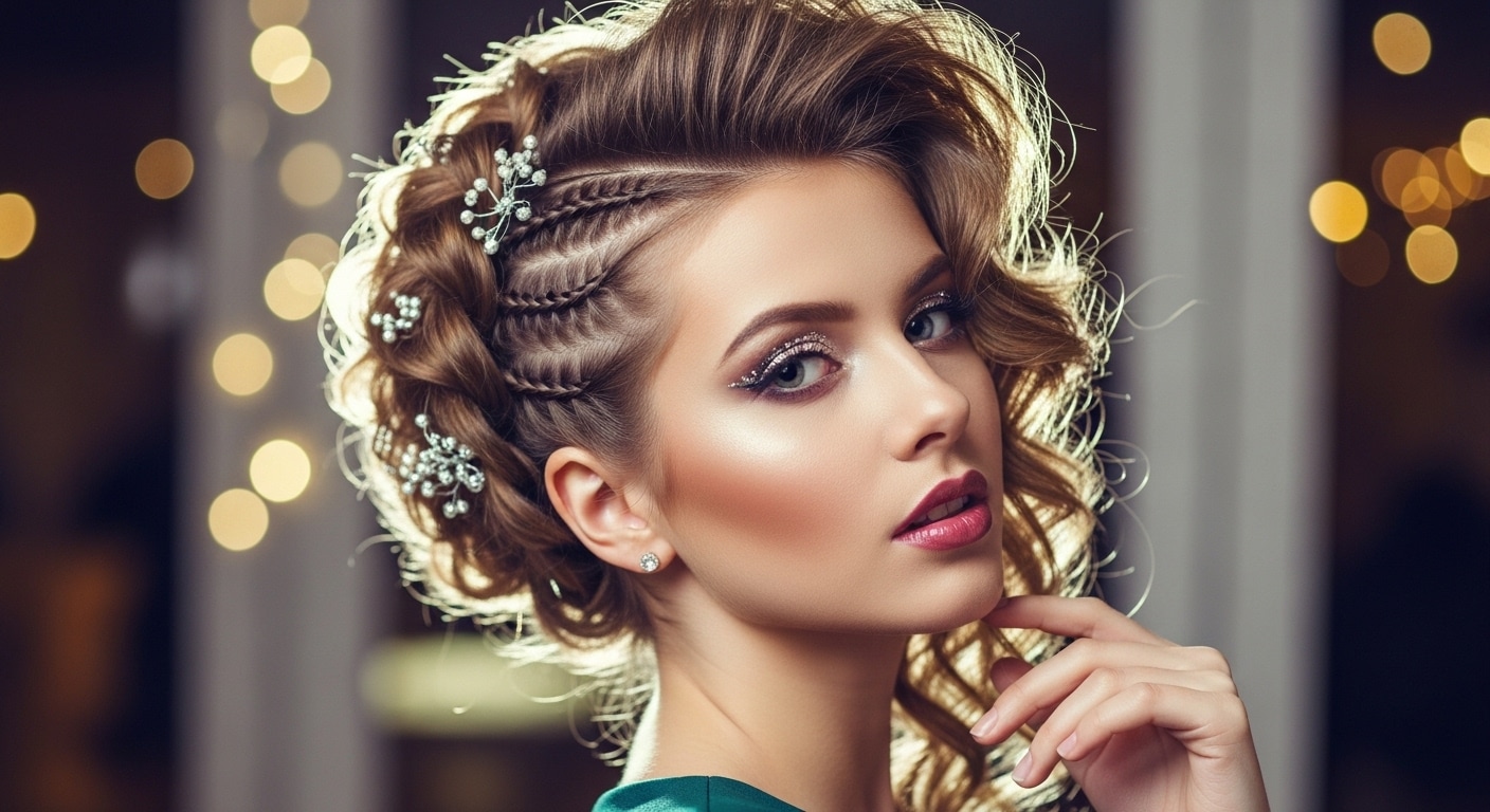 2528 Крупный план: рука стилиста аккуратно закрепляет изысканный декоративный элемент, завершая стильный праздничный образ