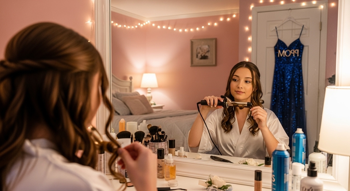 2707 Крупный план: рука стильно закрепляет сверкающую декоративную заколку-веточку в готовой прическе из воздушных локонов