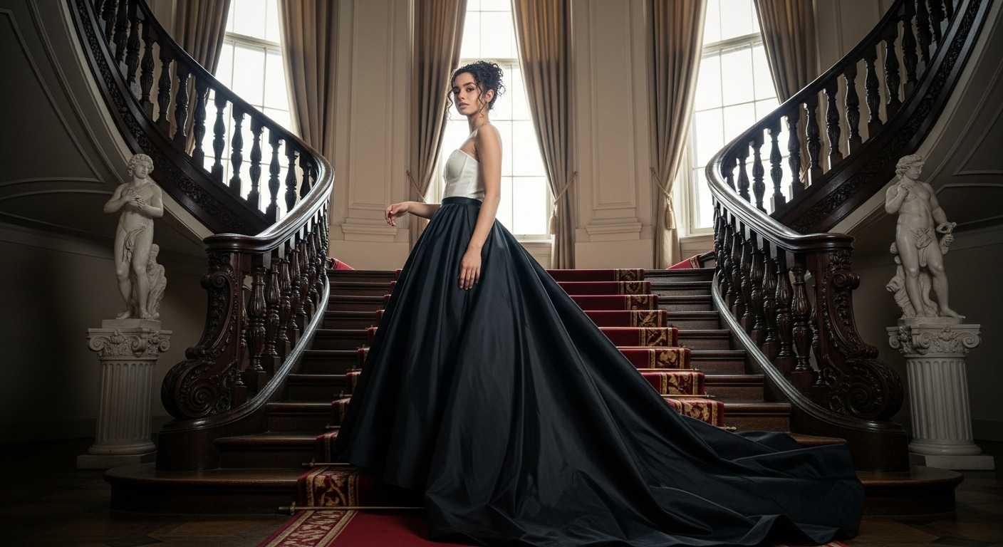 3824 Крупный план: переплетение черных and белых атласных лент на поясе платья, завязанных в пышный бант с длинными концами