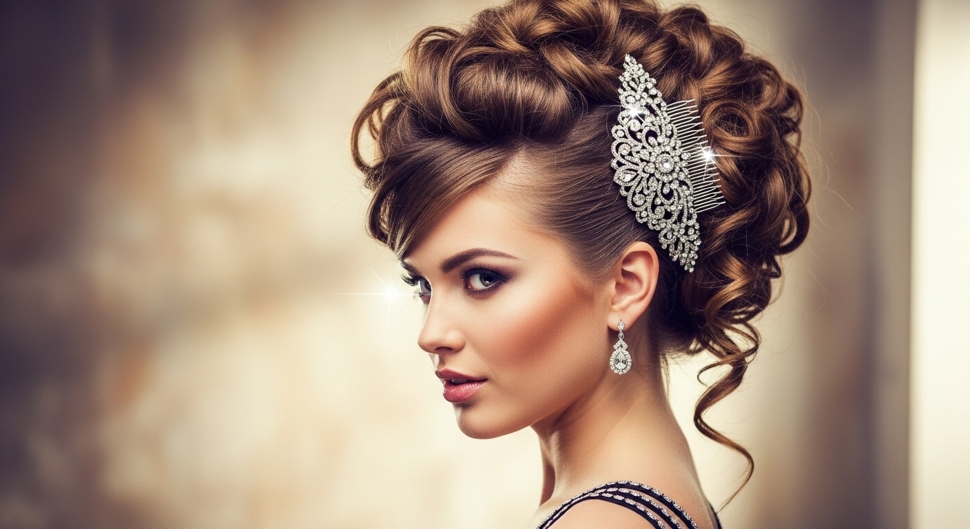 4821 Крупный план: рука стилиста аккуратно закрепляет изящную серебристую шпильку в основании высокой праздничной укладки