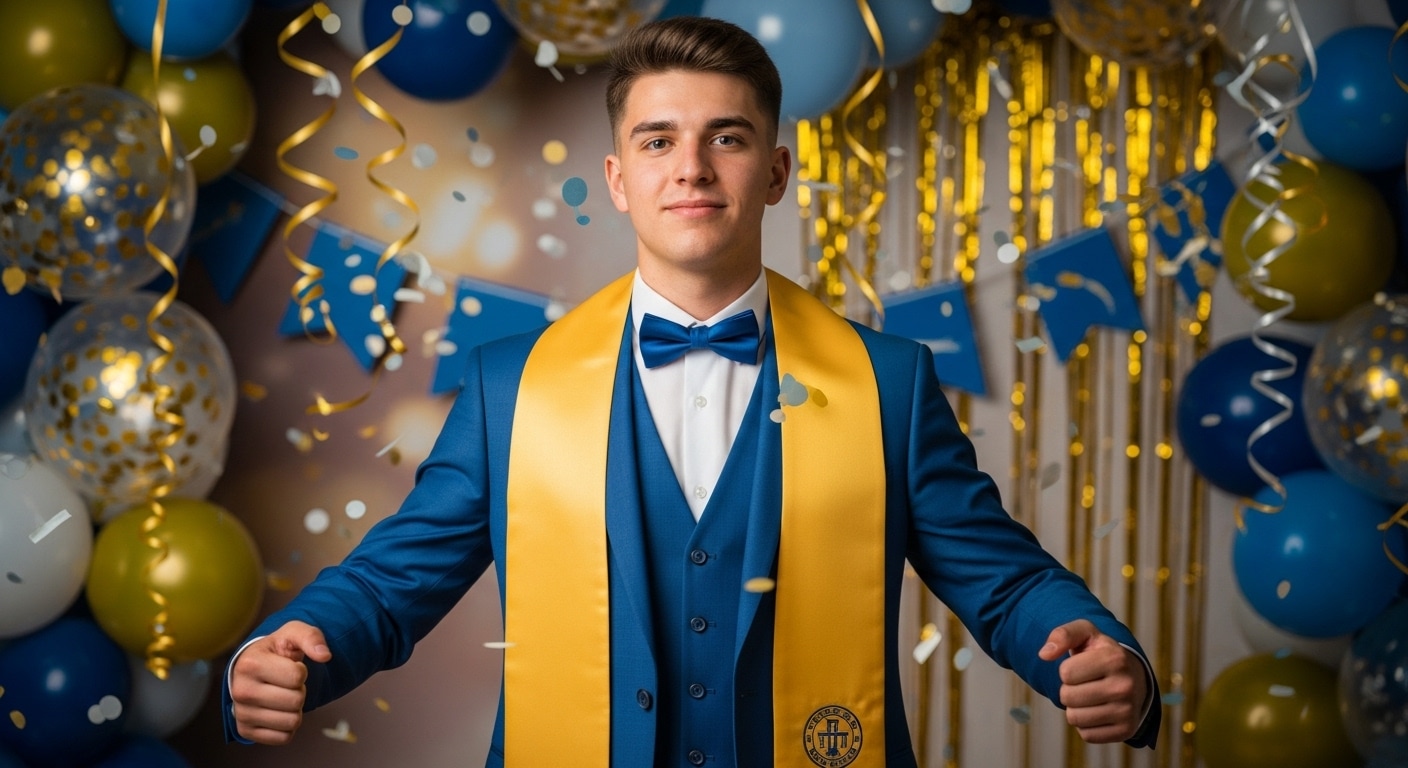 5022 Крупный план: рука мамы аккуратно поправляет яркую бабочку на воротнике рубашки сына перед началом праздника