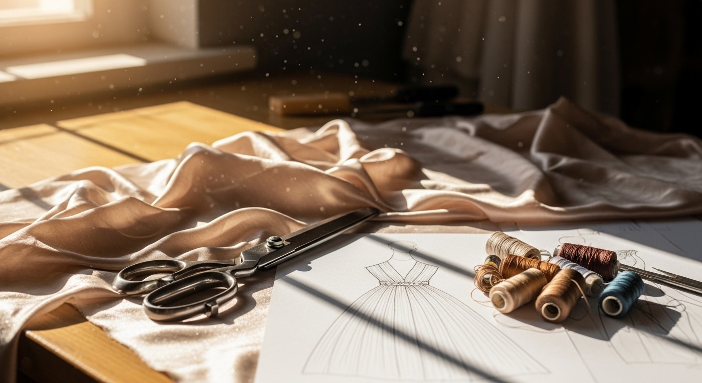 5339 Коллаж из трех этапов создания платья: снятие мерок, раскрой ткани и первая примерка на манекене