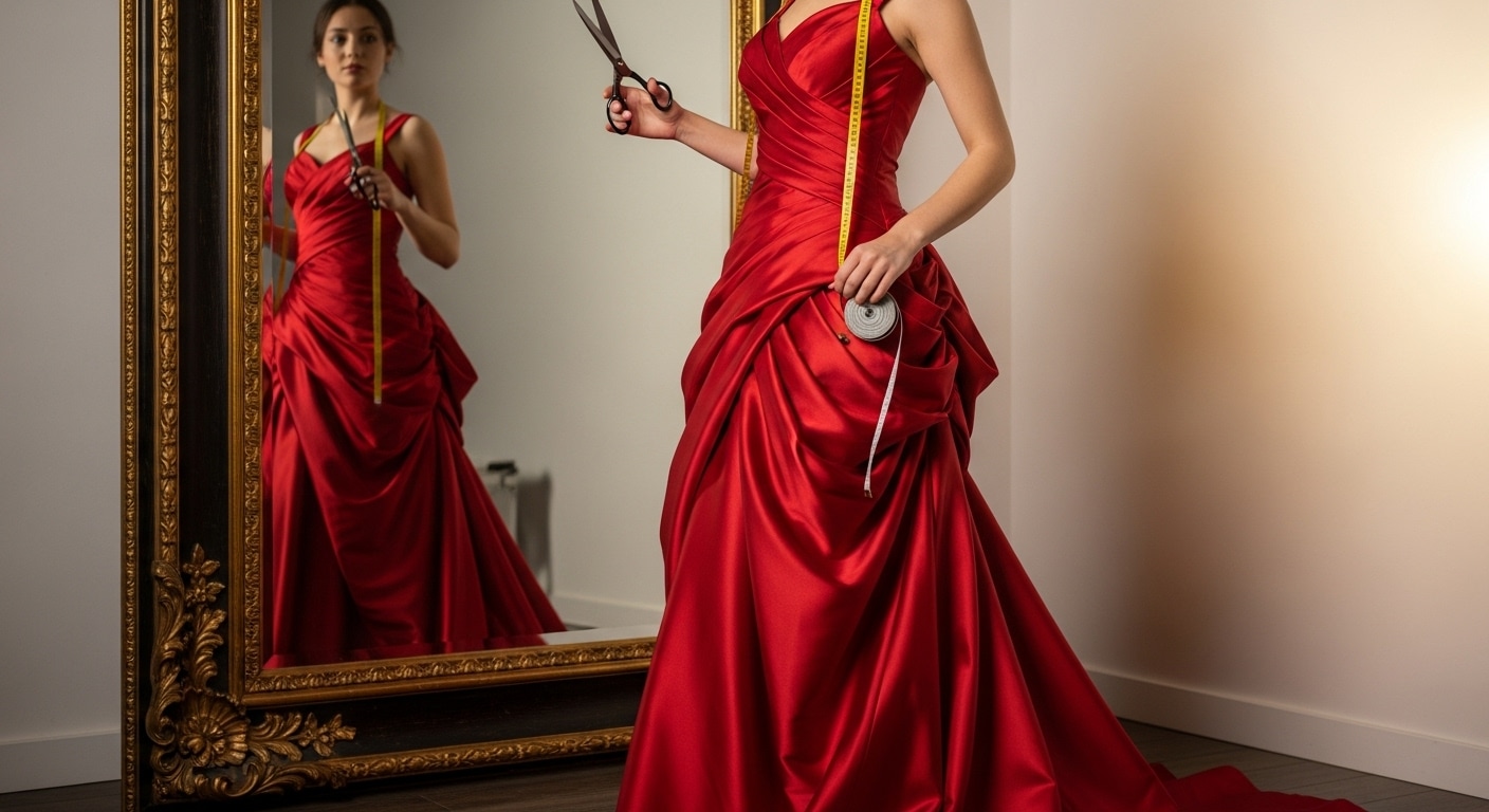 5498 Коллаж из трех этапов создания платья: зарисовка эскиза на бумаге, раскрой ярко-красной ткани на большом столе и примерка лифа платья на манекене