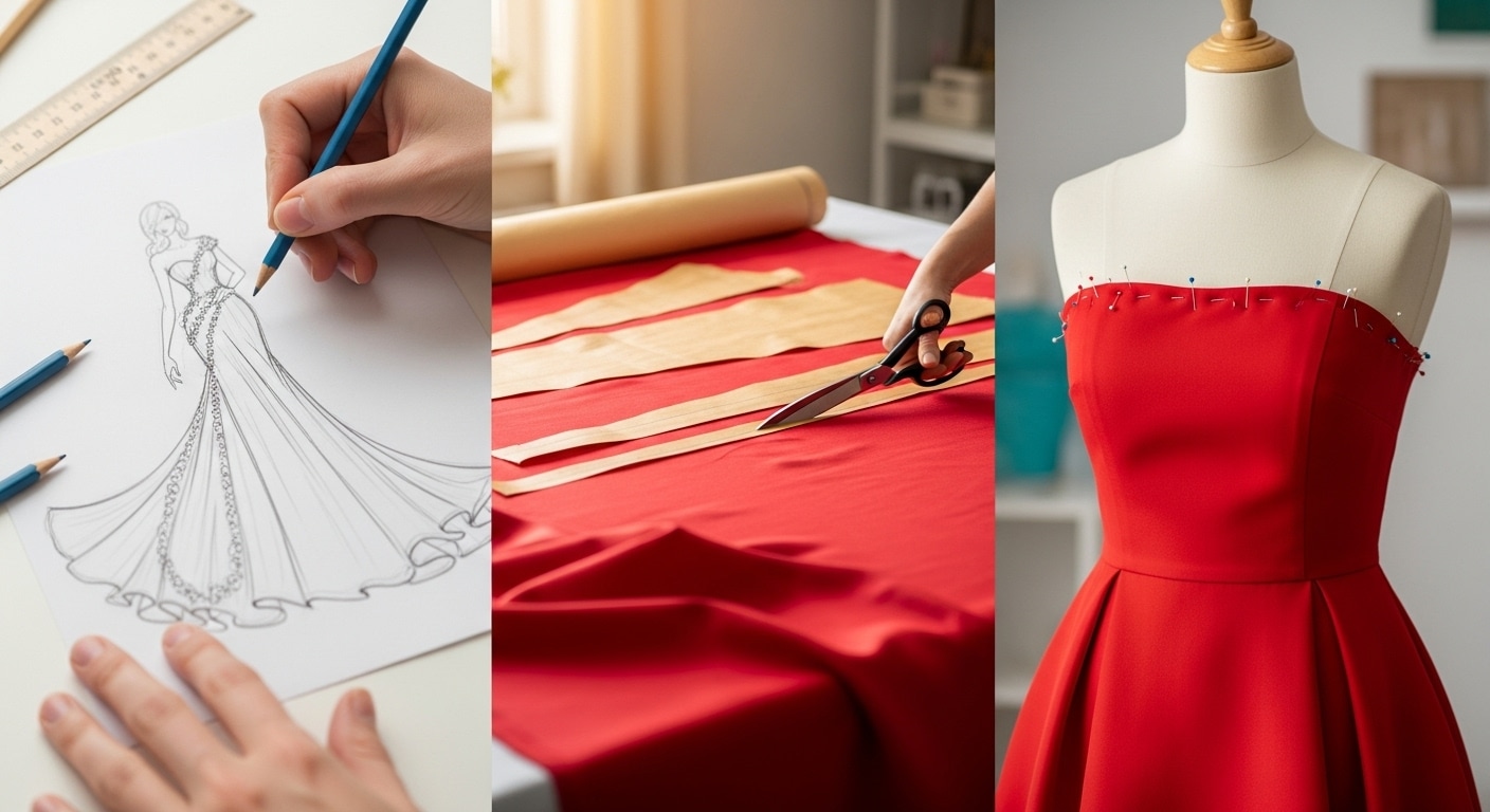 5498 Детальный снимок: рука швеи аккуратно пришивает мелкие красные кристаллы по вырезу платья, видна тонкая работа и блеск декора на фоне матовой ткани