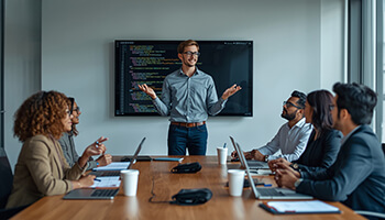 Developer leading a technical meeting
