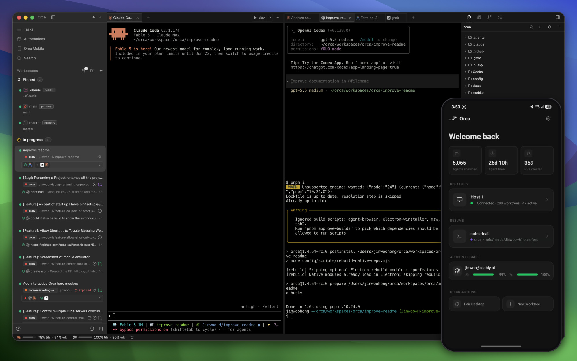 Orca desktop app running agents in parallel worktrees, with the Orca mobile companion app in the corner