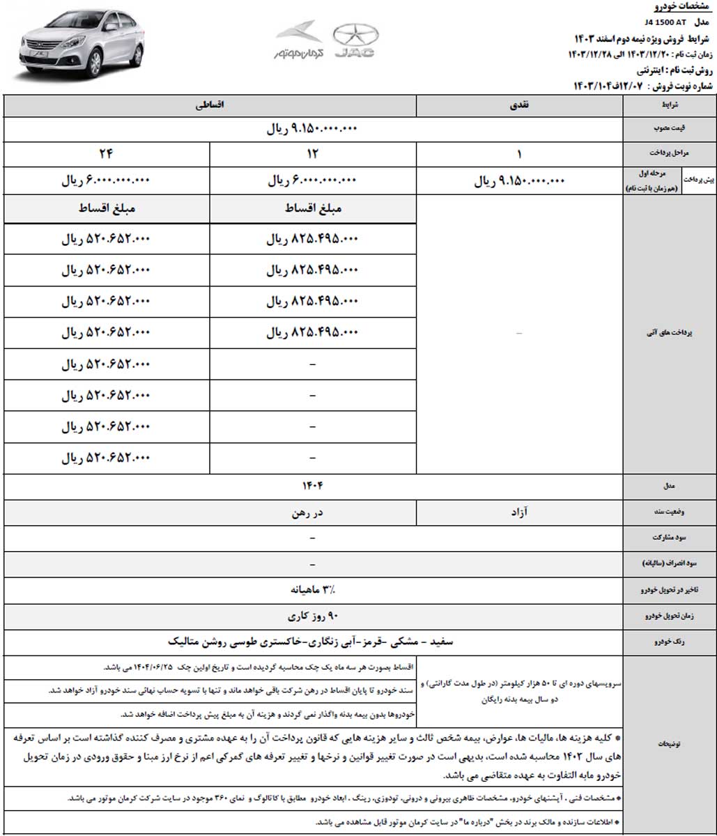 اعلام شرایط فروش نقدی و اقساطی کرمان موتور ویژه نیمه دوم اسفند
