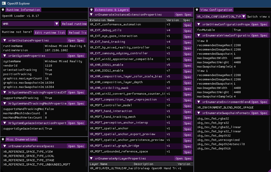 Screenshot of OpenXR Explorer