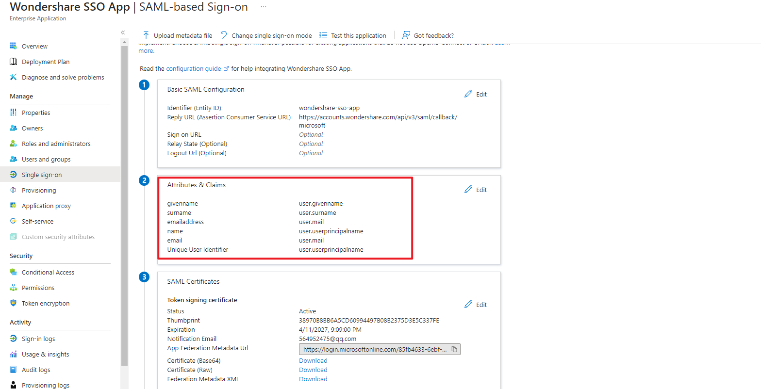 Attributes & Claims configuration result