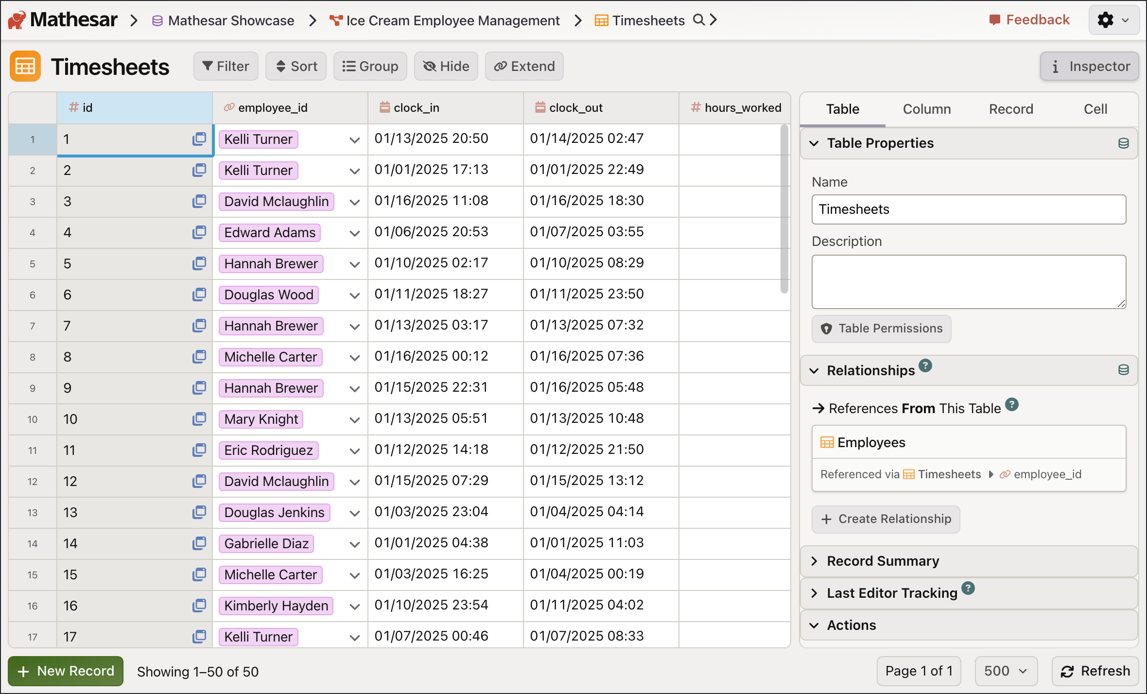Mathesar table view for ice cream shop timesheets with the table inspector open.