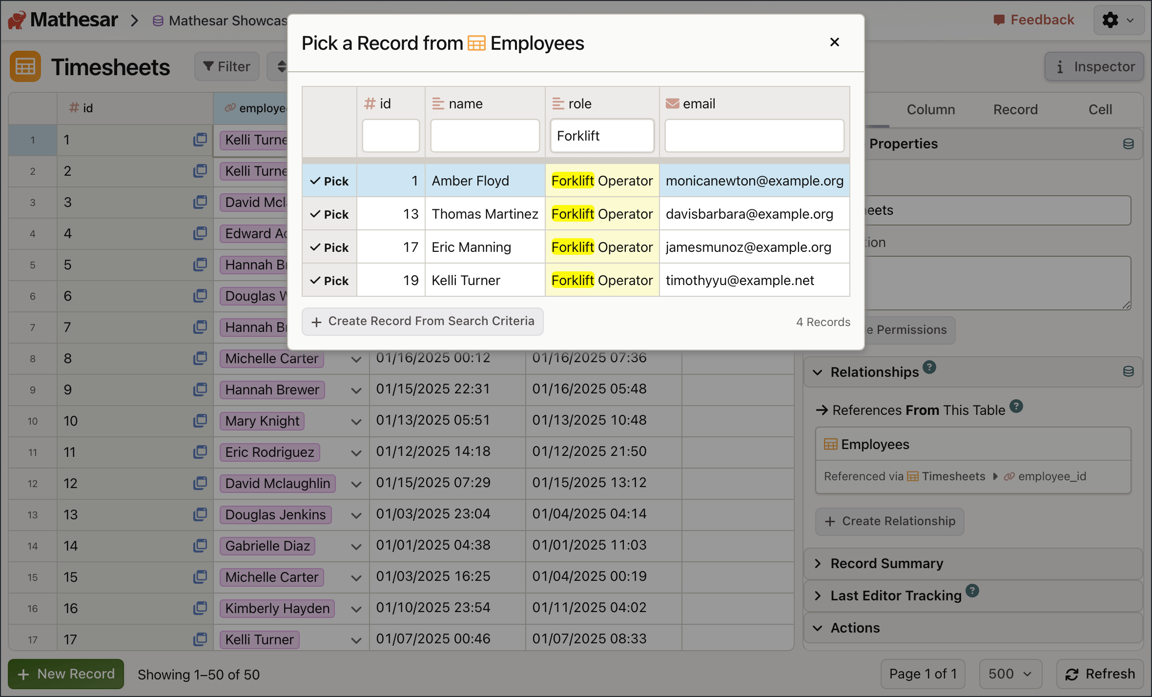 Mathesar table view with nested record selection open for choosing a timesheet employee.
