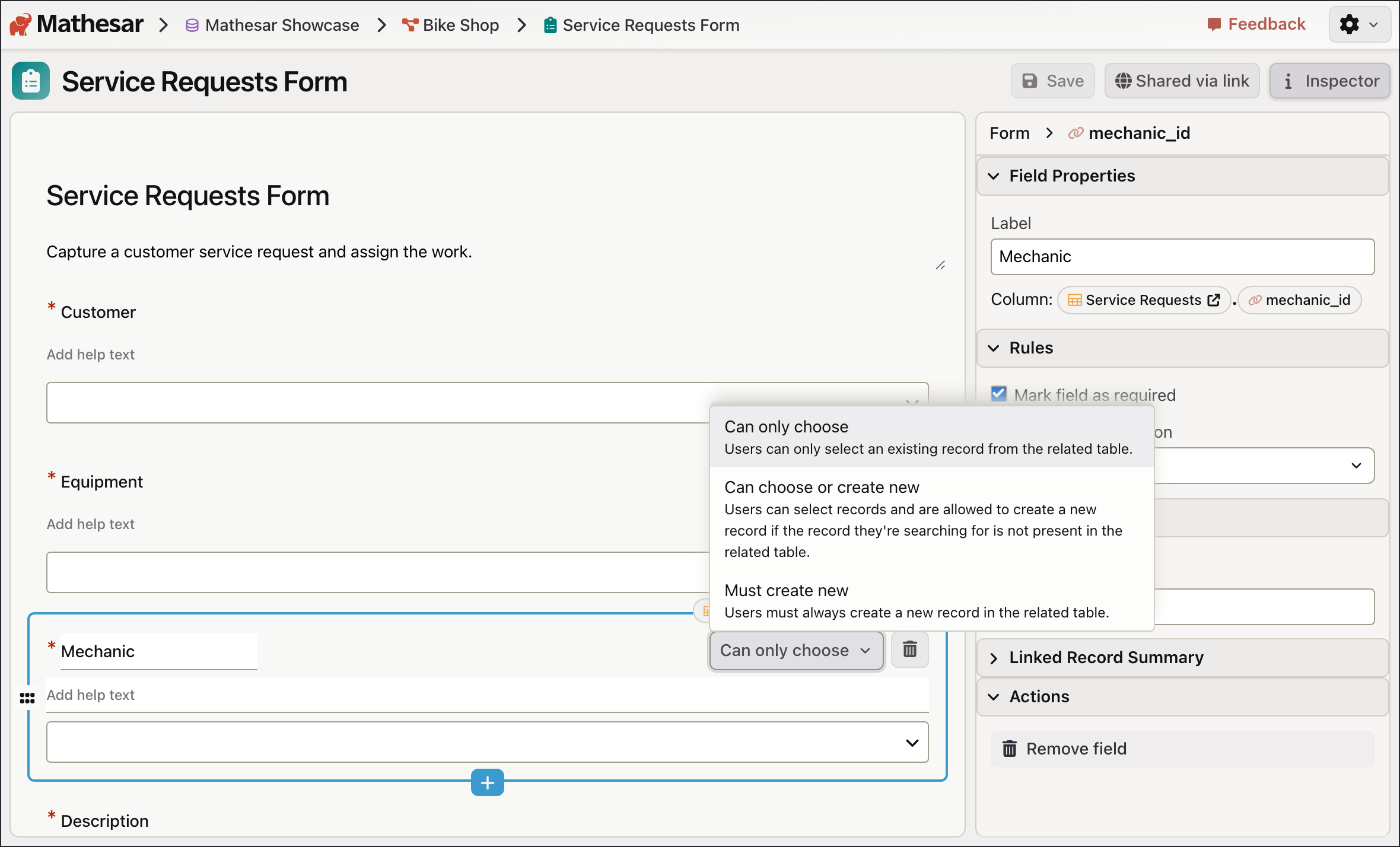 Mathesar form builder for a bike shop service request form with field rules open.