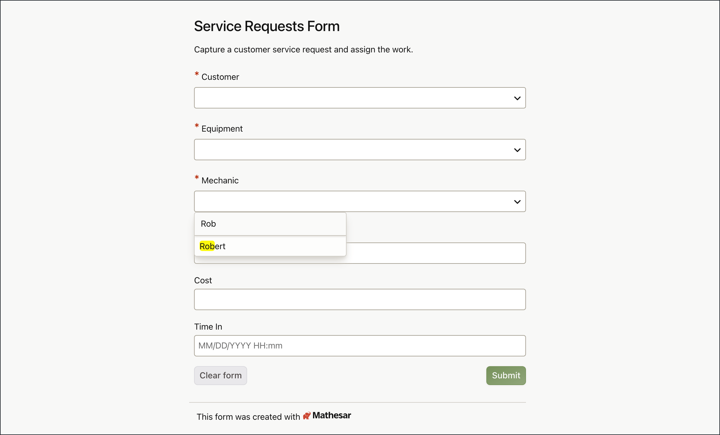 Public Mathesar service request form being filled with a mechanic search.