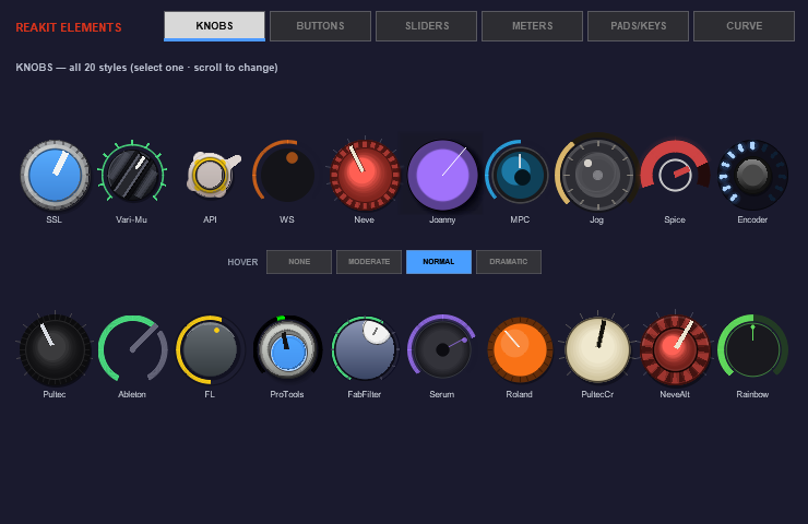 The KNOBS tab: twenty knob styles in two rows, SSL to Rainbow, and the HOVER bar