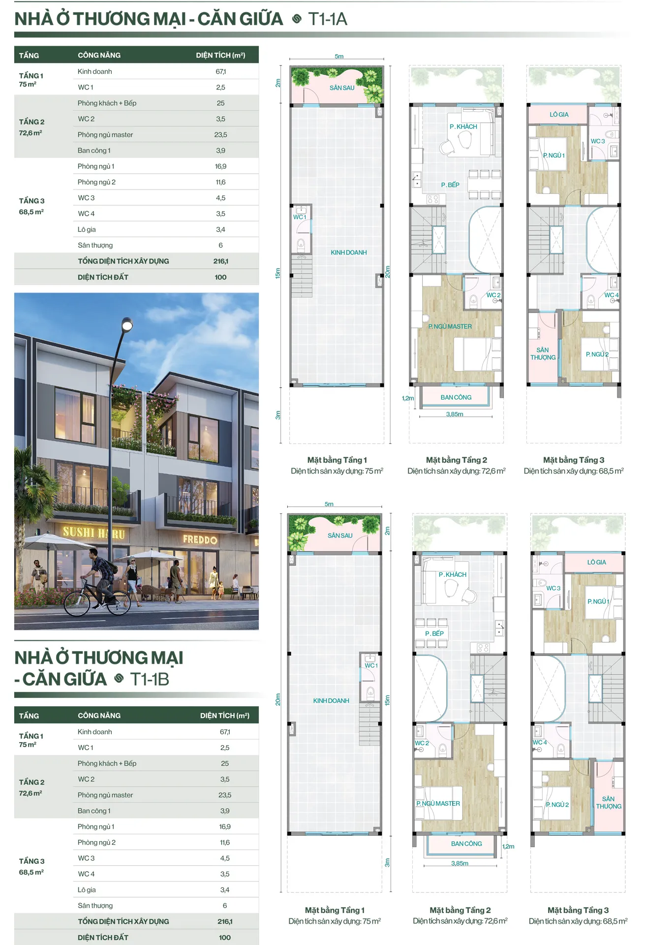 NHÀ PHỐ THƯƠNG MẠI - CĂN GIỮA - T1-1A/1B