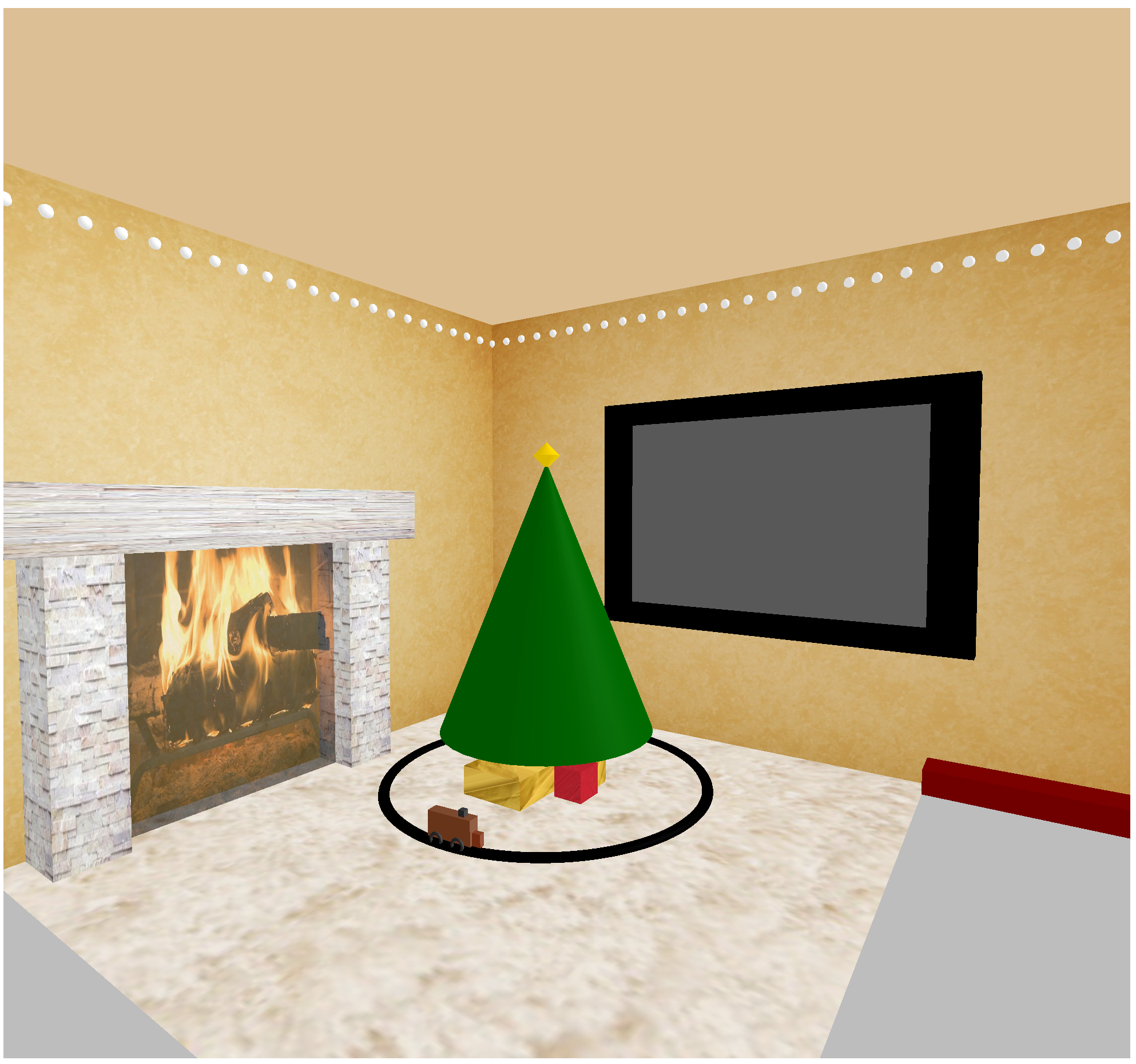 Tree,tracks, mantle, and TV