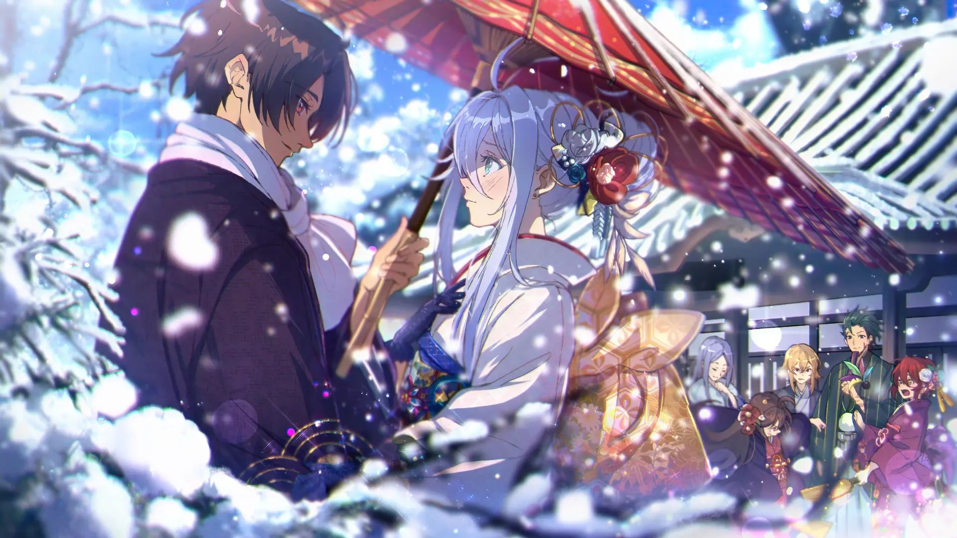 雪中红伞下的动漫佳人 - 动漫 / 插画 - 动漫 插画 雪景 高清壁纸