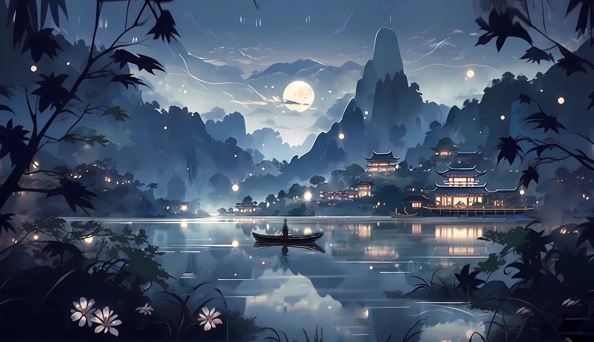 月夜下的古韵水乡 - 插画 / 国风 - 国风 插画 水乡 高清壁纸