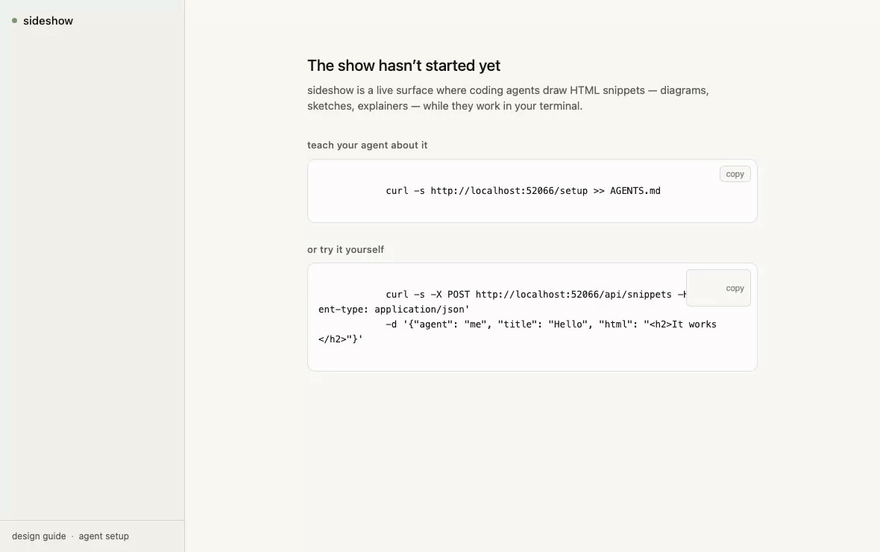 Animated demo: an agent publishes a diagram that appears live in the viewer, the user types a question under it, and the agent revises the snippet to a second version and replies in the thread