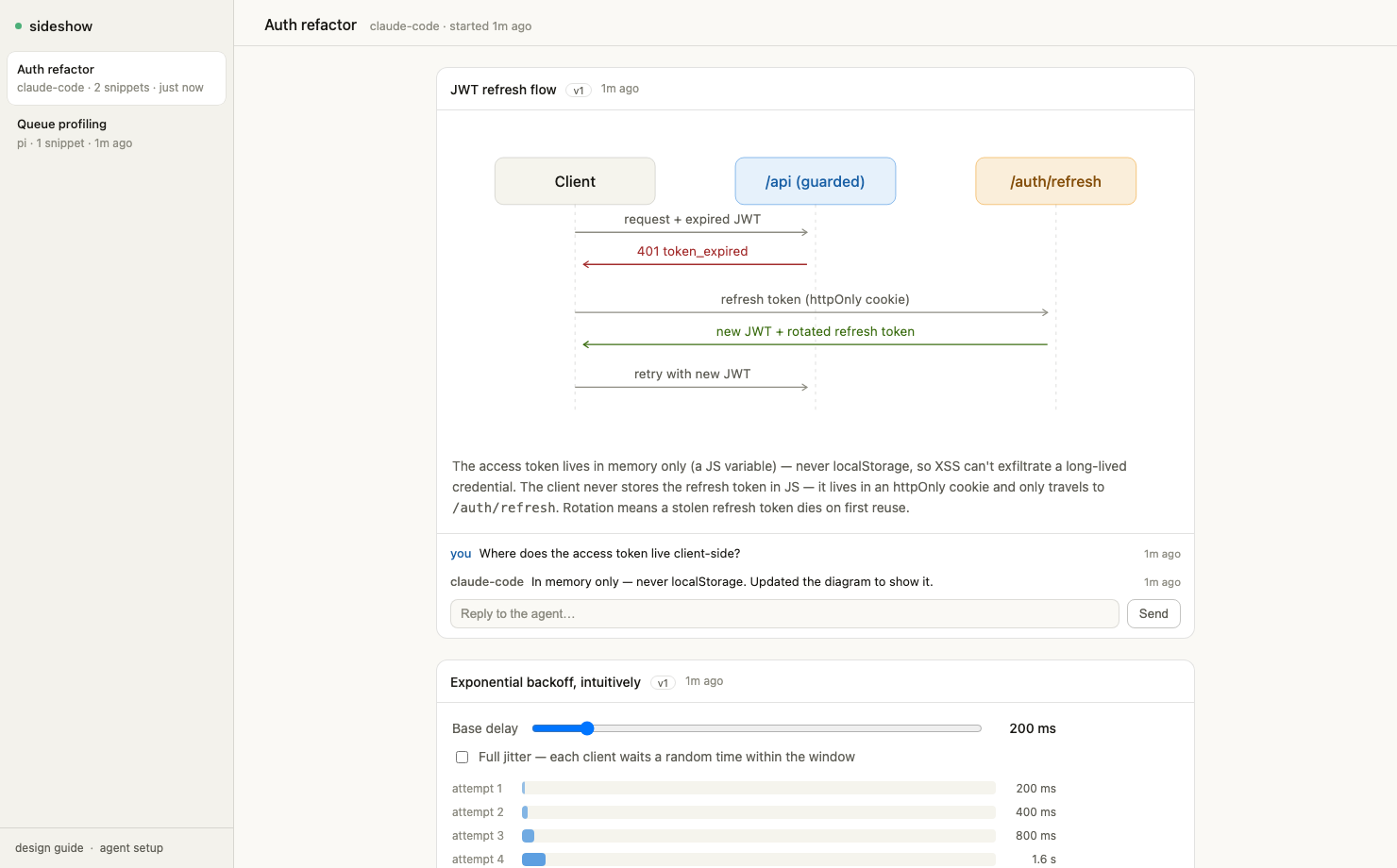 The sideshow viewer: agent sessions in a sidebar, a published JWT-flow diagram with a comment thread between the user and claude-code, and an interactive backoff explainer below