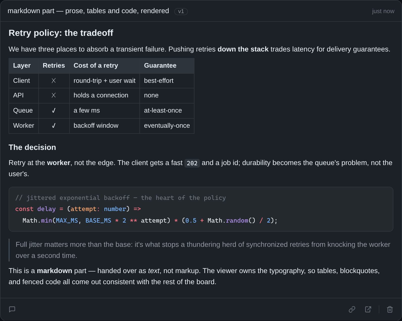 markdown part — prose, tables and code, rendered