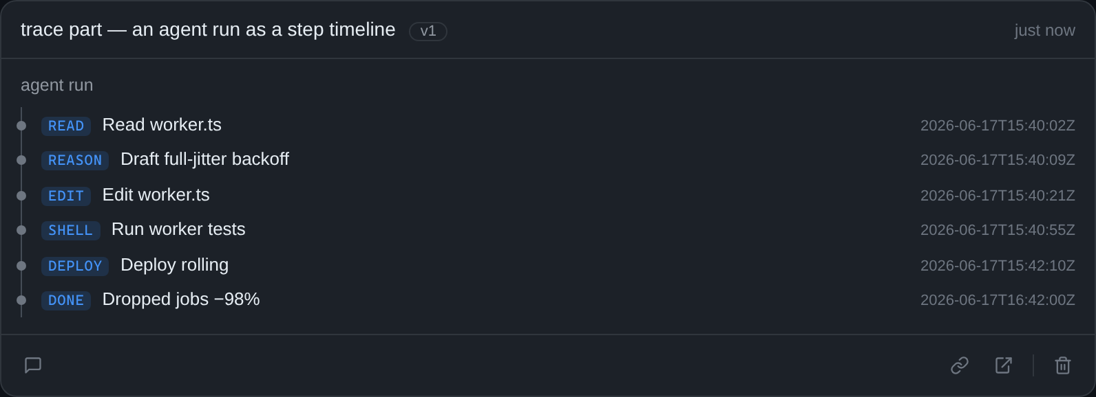 trace part — an agent run as a step timeline